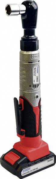 Cordless drill with a red handle and silver body, suitable for assembly work in awkward angles.