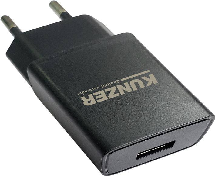 Black USB charger with European plug and 'Kunzer' print, designed for charging electronic devices.