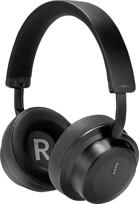 Black wireless over-ear headphones with padded ear cups, an LED battery indicator on the side, and a large 'R' denoting the right earpiece.
