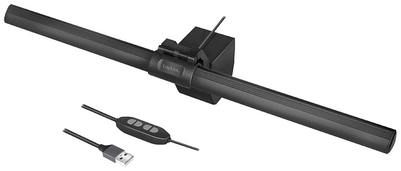 A black screen light bar with an integrated clip and USB port. Next to it lies a cable with a remote control.