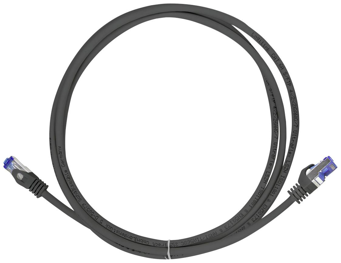 Black Ethernet cable with RJ45 connectors at both ends for internet connections.