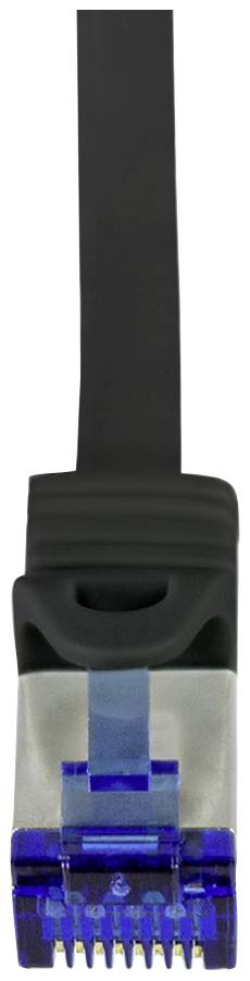 Blue Ethernet plug with a black, flat cable, photographed from the front.