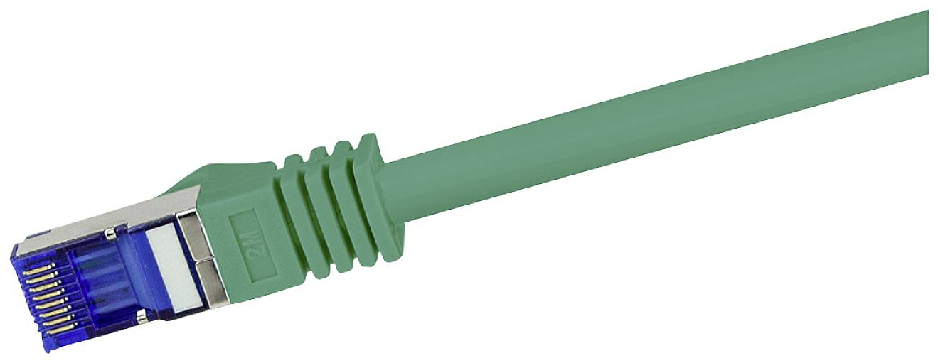 Green Ethernet cable with blue RJ45 connector, used for network connections.