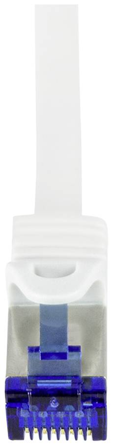 A white network cable with a blue RJ-45 plug, suitable for Ethernet connections, is shown from above.
