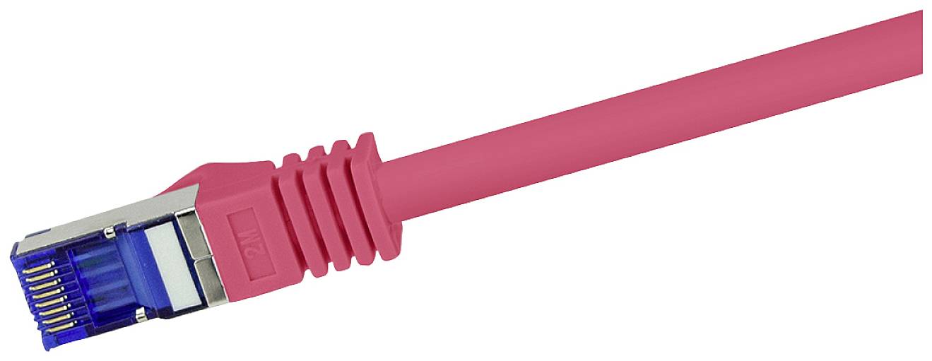 A pink Ethernet cable with RJ45 connectors lies on a white background.