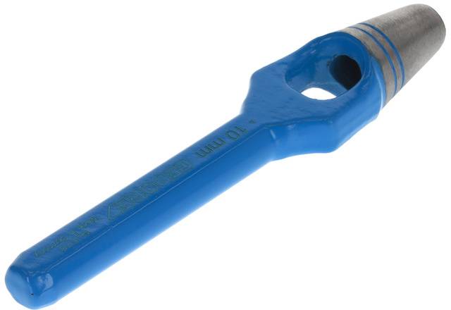 Blue metal hole punch with handle, suitable for precisely punching 10-mm holes in various materials.