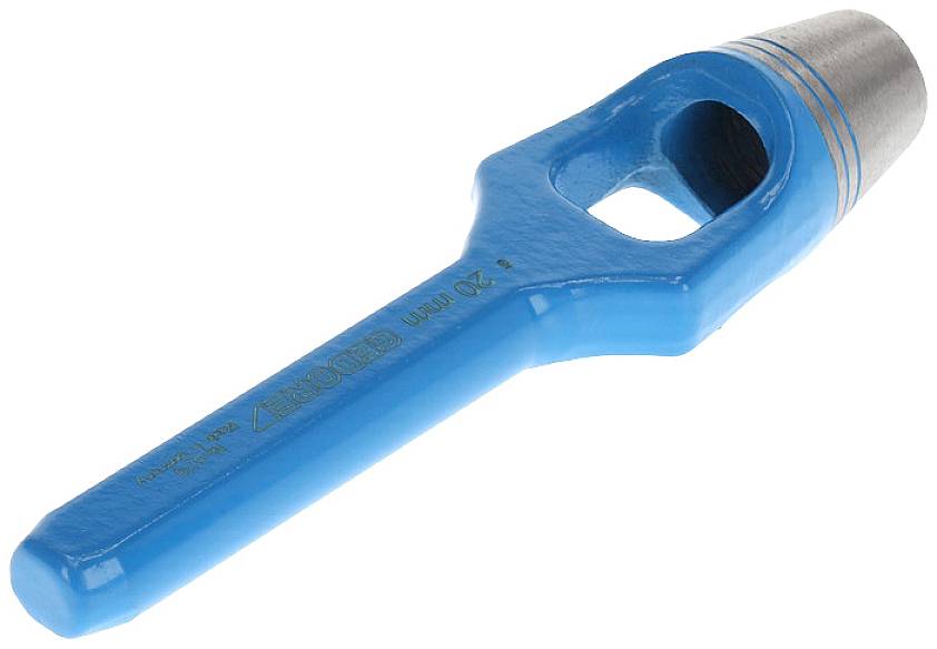 A blue hole punch, a metal tool used for punching holes in materials such as leather or fabric.
