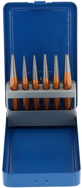 Six-piece centre punch and chisel set with orange-grey tools in a blue case.
