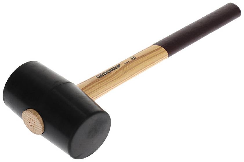 A rubber mallet with a black head and wooden handle lies on a white background. Ideal for gentle assembly and working.