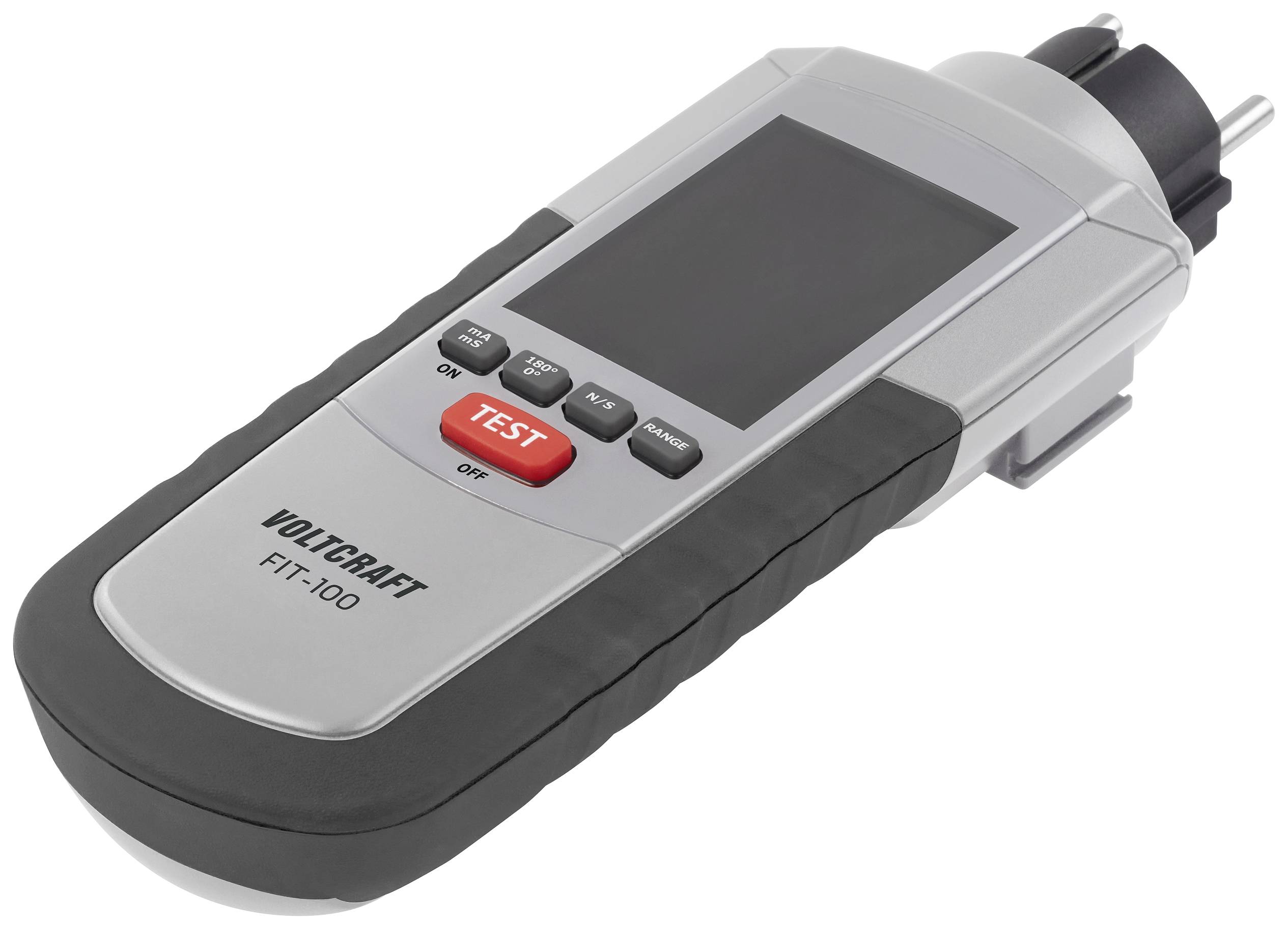 Portable measuring device with digital display, various buttons and measurement probe. Primary colour silver, model name 'VOLTCRAFT FIT-100'.