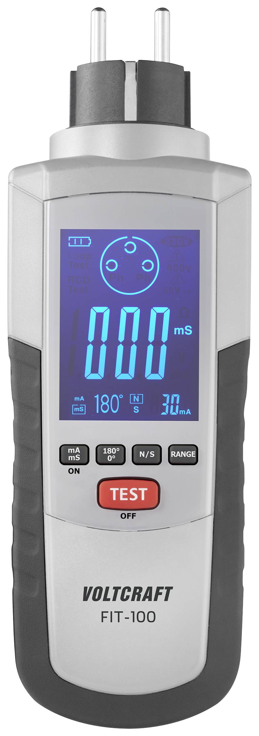 An electrical test probe with a blue display shows '000 mS'. A red button is labelled 'TEST'. Model: VOLTCRAFT FIT-100.