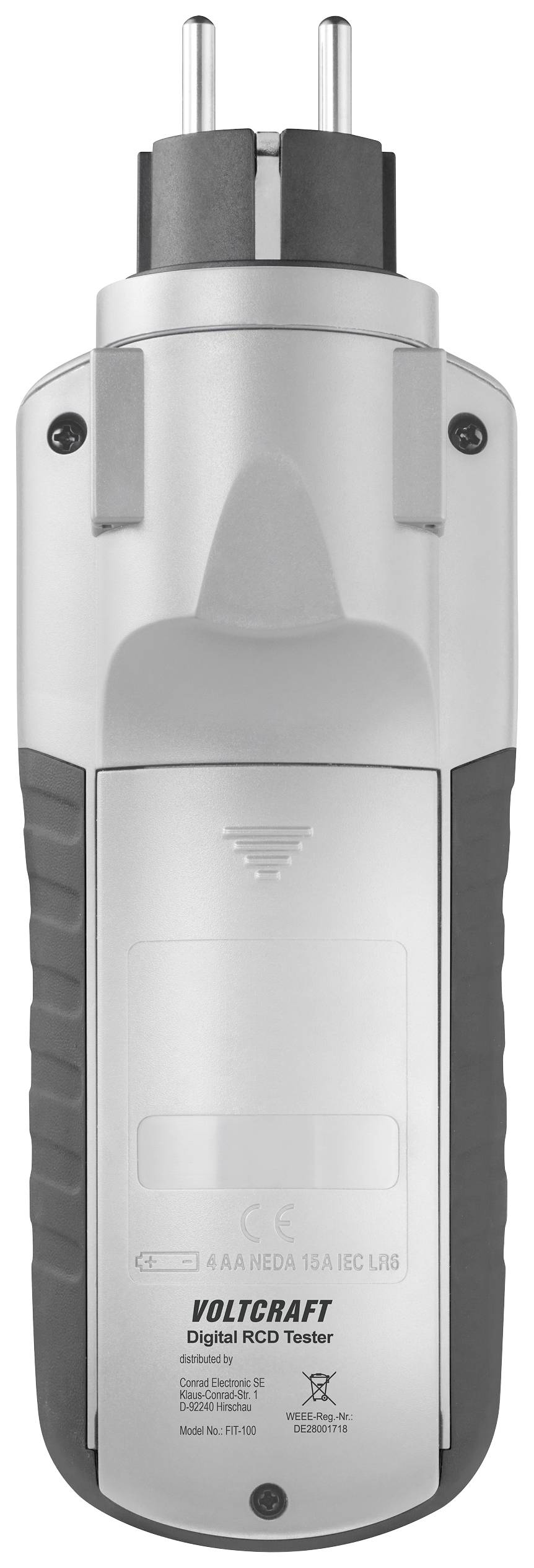 A digital RCD tester by Voltcraft with plug at the top and handle at the bottom, for checking residual current devices (earth leakage protection).