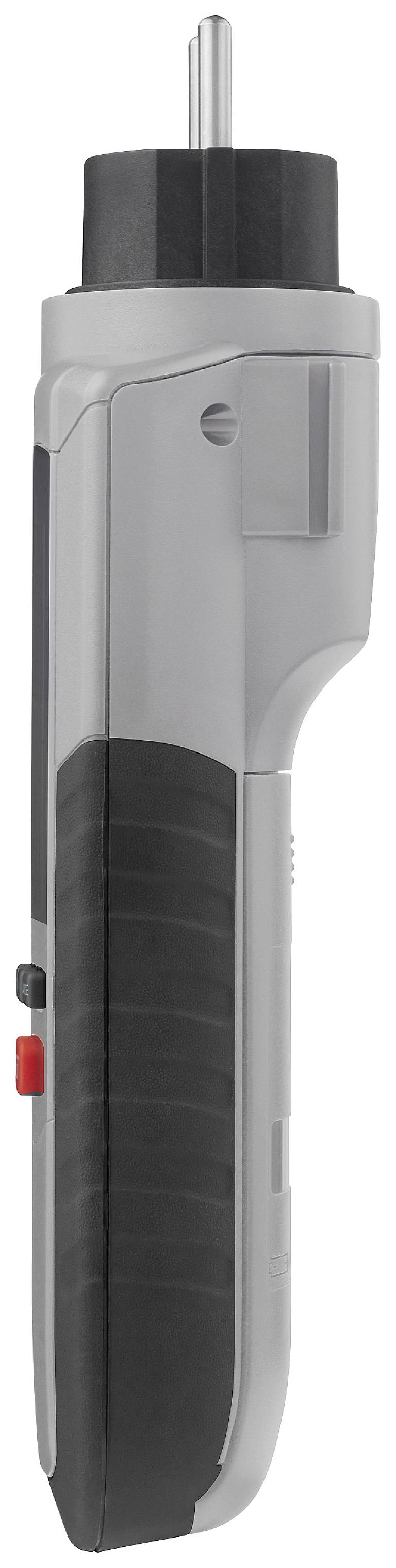 A grey, cordless screwdriver with a black handle and a red button on the grip.