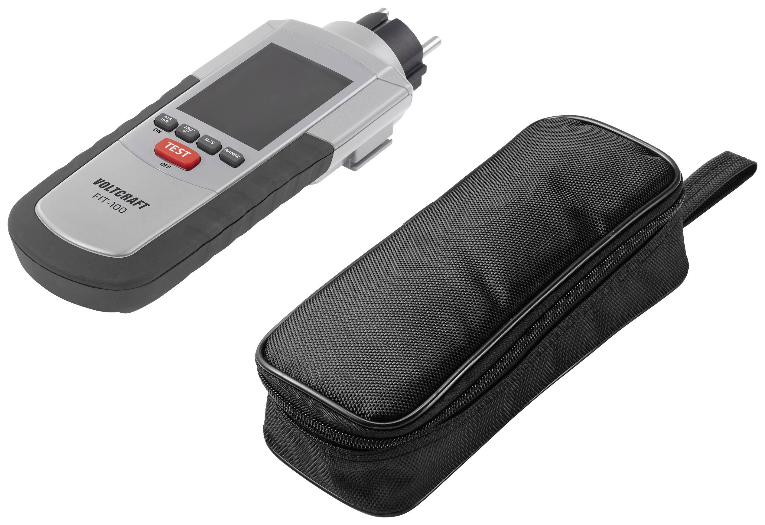 A portable digital measuring device with a display and 'Test' button next to a black zip-up case.