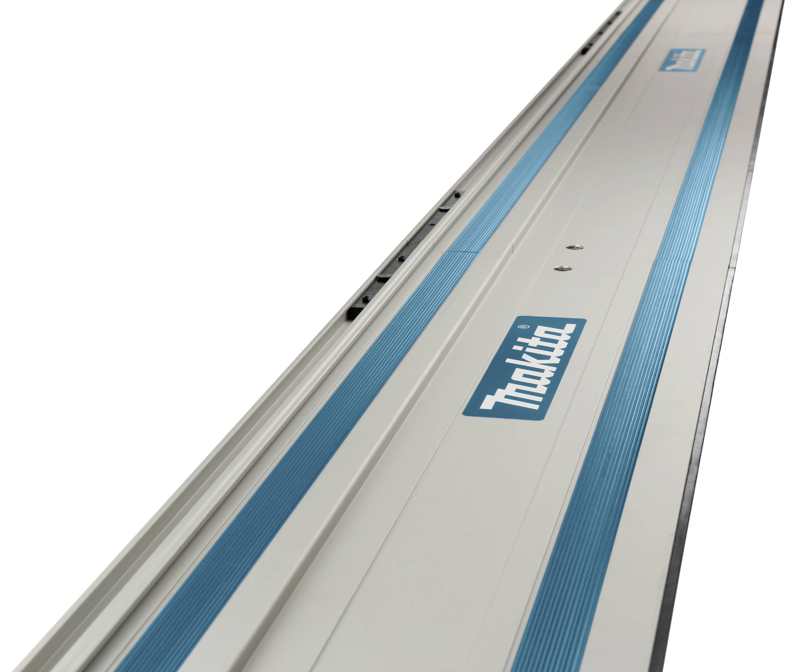 Guide rail in white with blue stripes and a tool brand logo, used for precise saw guidance.