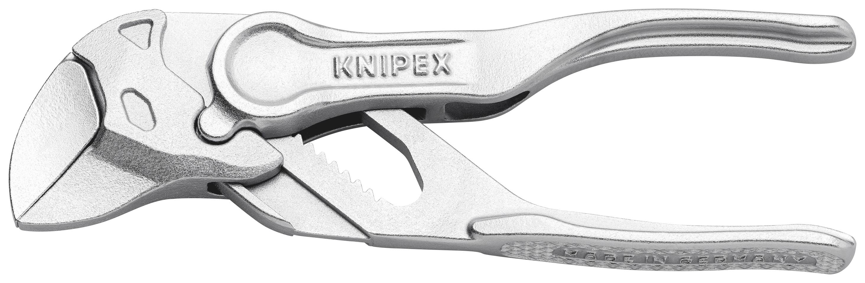A silver Knipex grip pliers lies flat. It has a curved design typically used for gripping and cutting tasks.