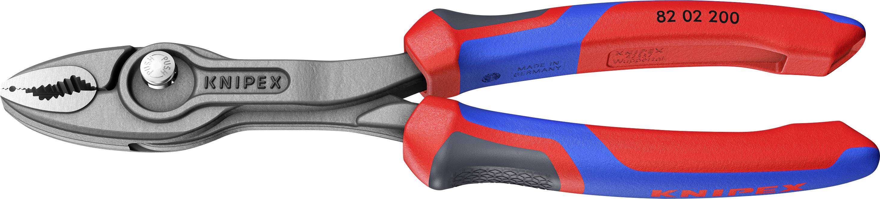 Pictured is a red and blue pair of pliers with grey jaw surfaces, bearing the 'Knipex' inscription.