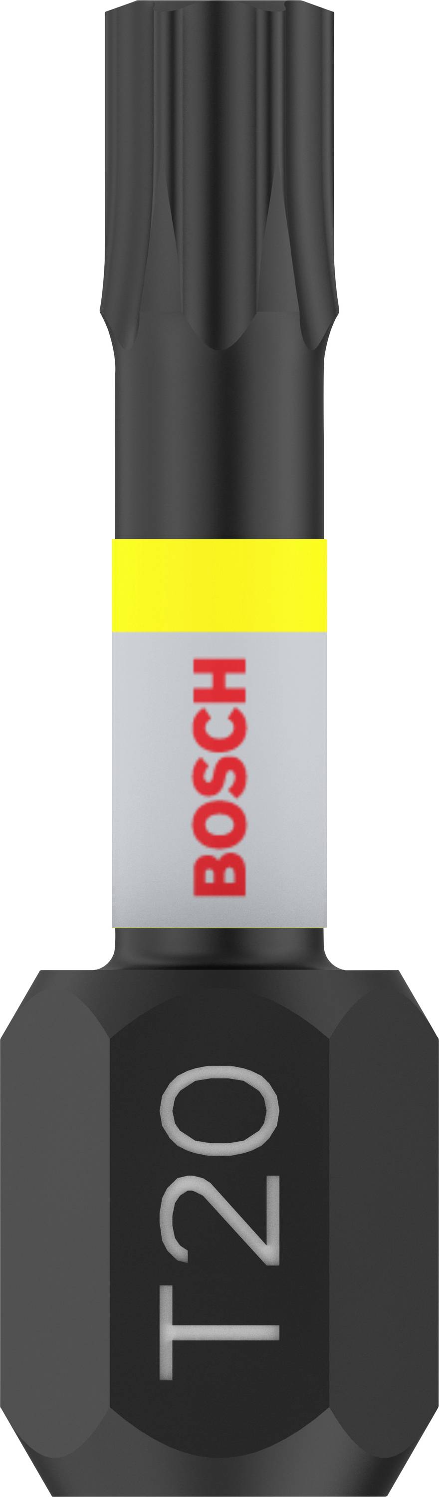 Bosch T20 Bit, black metal with a grey and yellow label, shows the tip configuration.