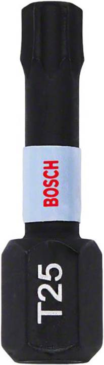 Black Bosch T25 screwdriver bit with a cylindrical shaft featuring a red logo on a blue background.