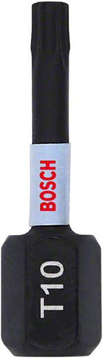 A bit driver attachment with the label 'T10' and a red 'Bosch' logo on a blue background.