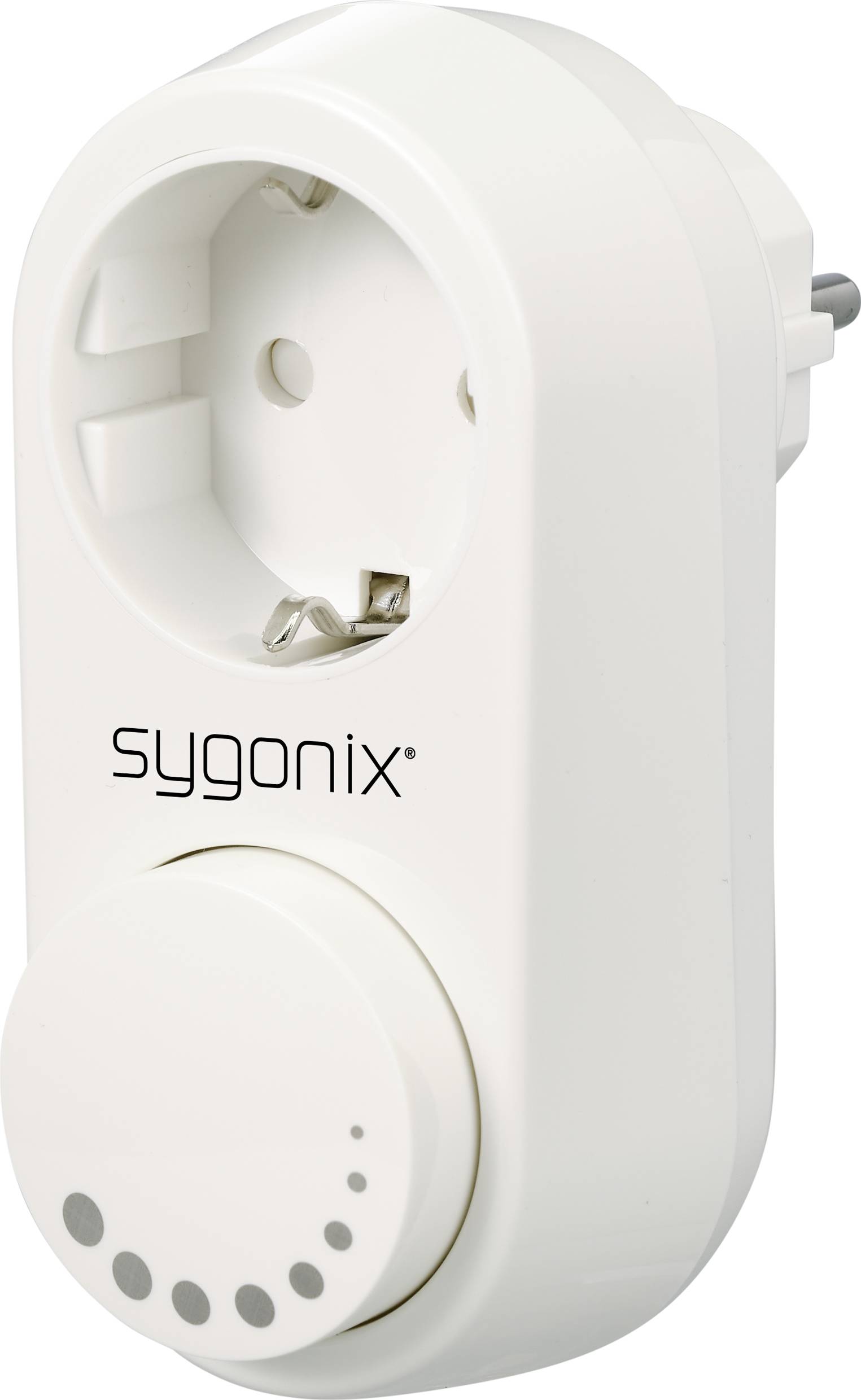 White timer socket by 'sygonix' with a rotary control at the bottom and socket outlet on top. Ideal for controlling electrical devices.