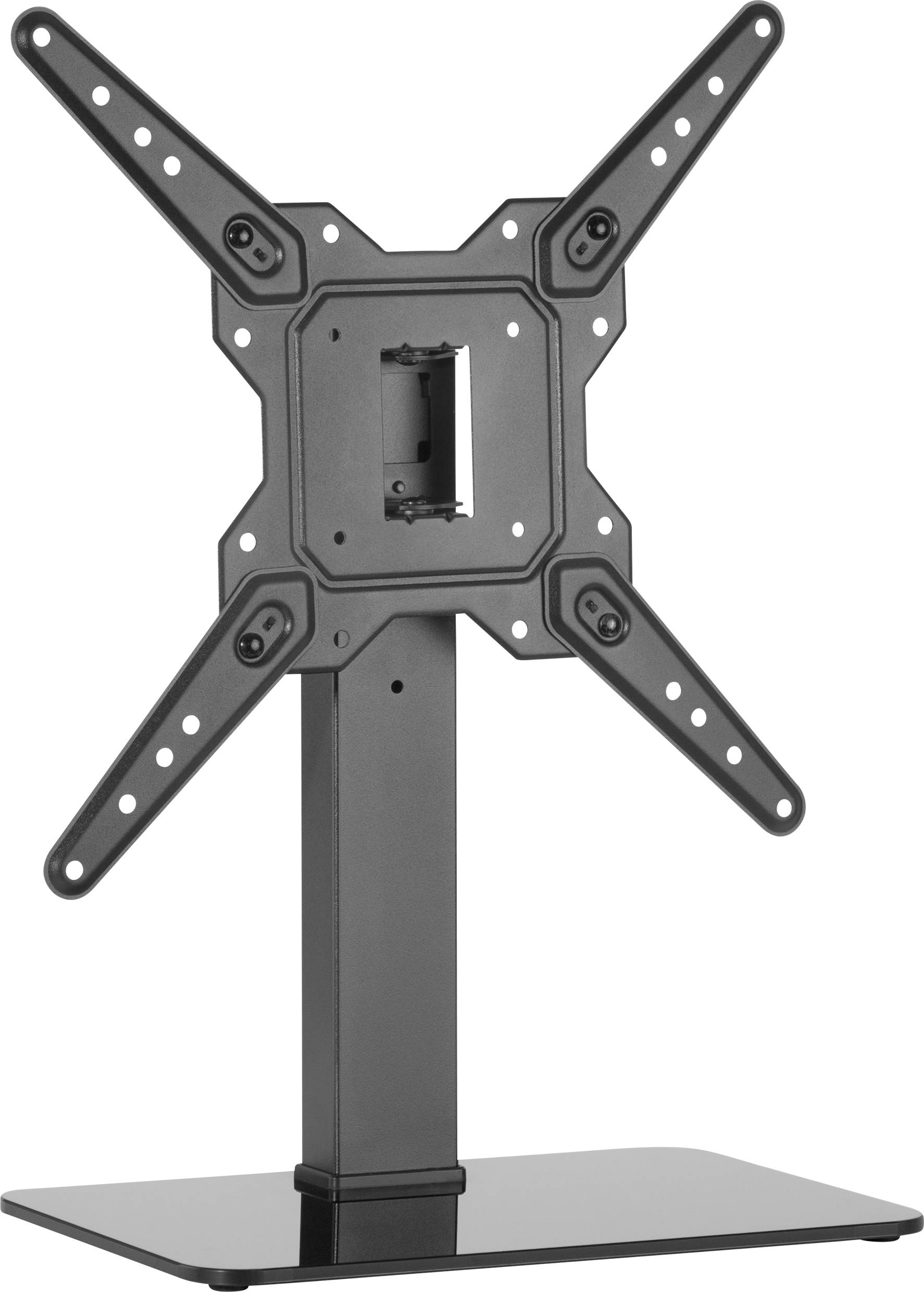 Television stand with adjustable metal mounting and glass base, suitable for various screen sizes, against a white background.