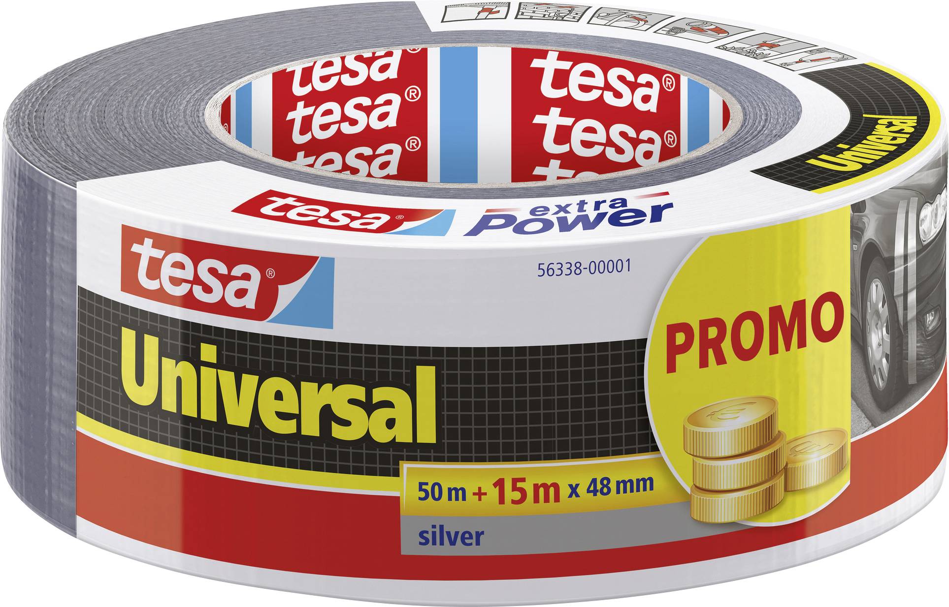 Roll of adhesive tape with 'tesa Universal' printed on it, with an additional 15 m length marked as a promotional item, in silver colour.