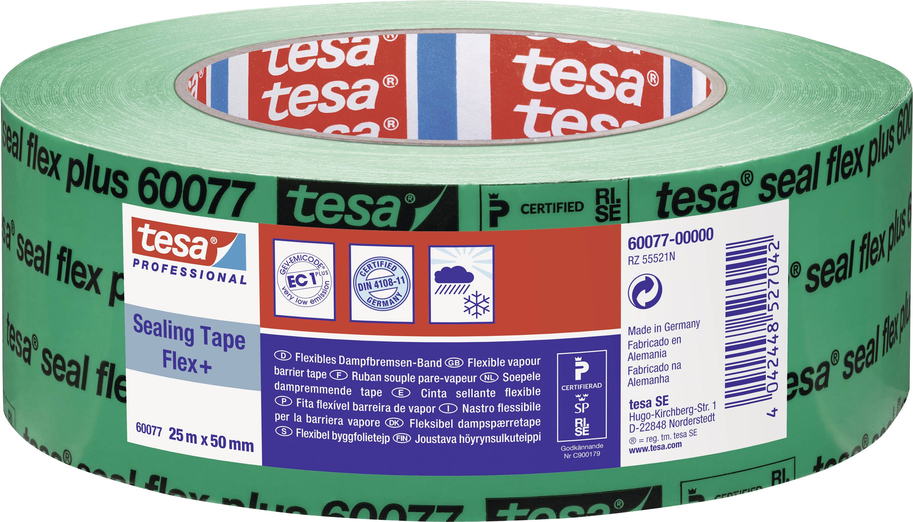 Green sealing tape by Tesa 'Sealing Tape Flex+', 25 m x 50 mm. Packaging displays certificates and application possibilities.