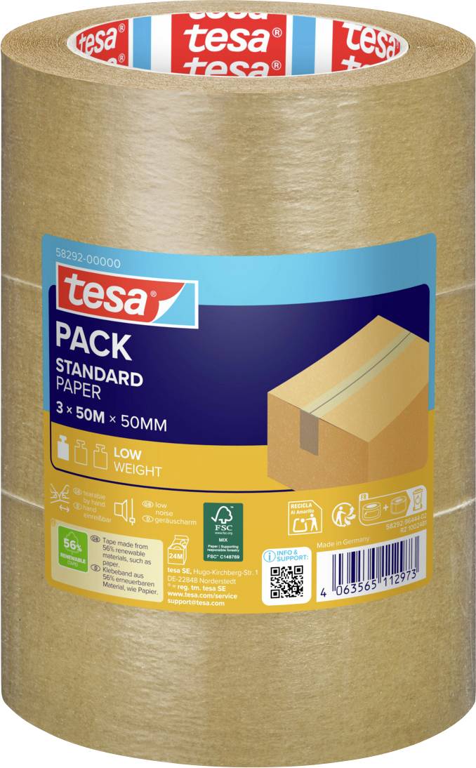 Three rolls of brown packaging adhesive tape 'tesa Pack Paper Standard', eco-friendly, 56% bio-based material, for cardboard packaging.
