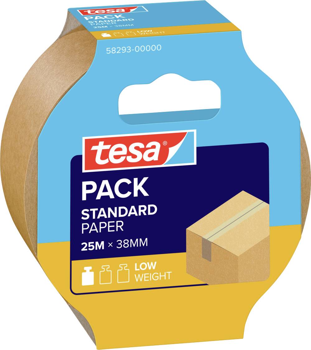Adhesive tape packaging with the inscription 'tesa PACK PAPER STANDARD', 25 m x 38 mm, 56% bio-based and FSC certified. Image of cardboard boxes.