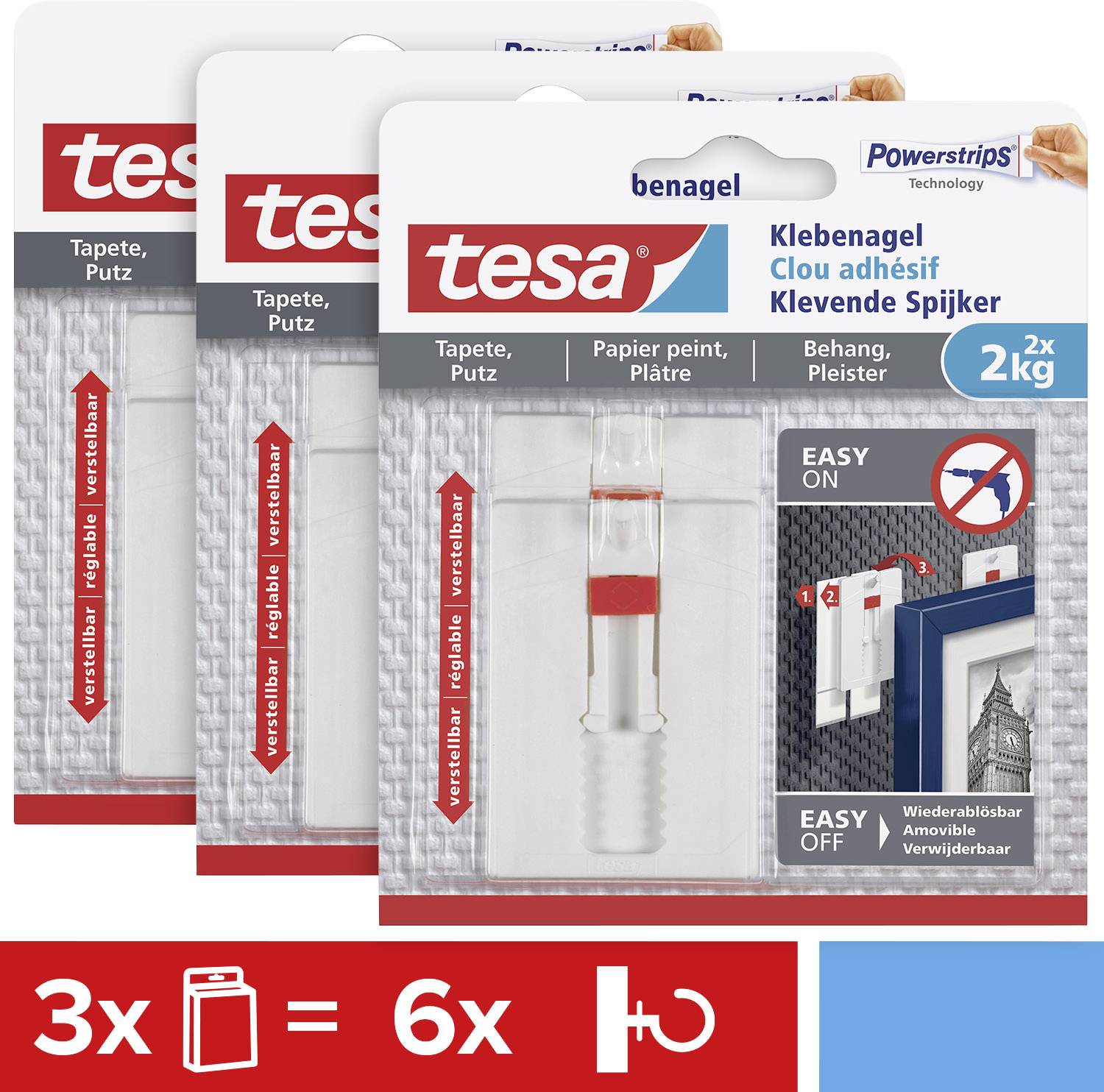 3x tesa Adhesive Nail Packs with 2 nails each for wallpaper and plaster, 2kg load-bearing capacity per nail. Easy to use, removable.