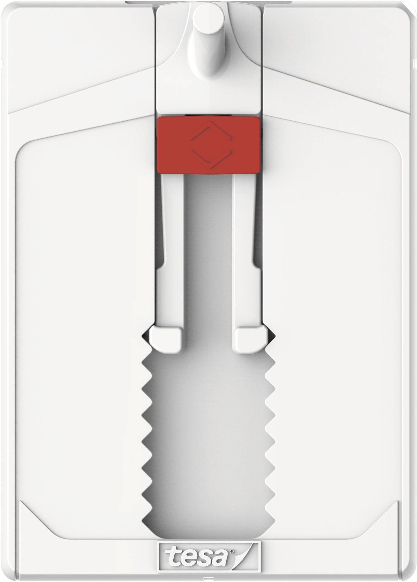 Two hands are attaching a small, rectangular object to a textured, light-coloured wall using adhesive tape.