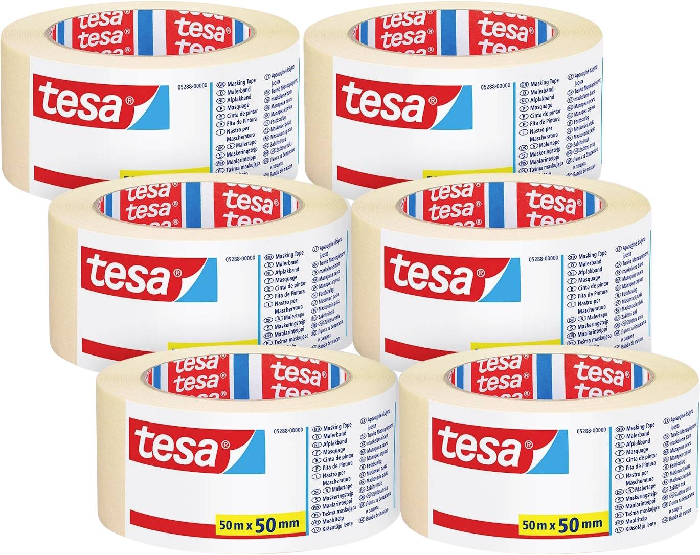 Six rolls of Tesa masking tape, each labeled '50 m x 50 mm', are arranged in two rows. The packaging shows red, white, and blue branding.