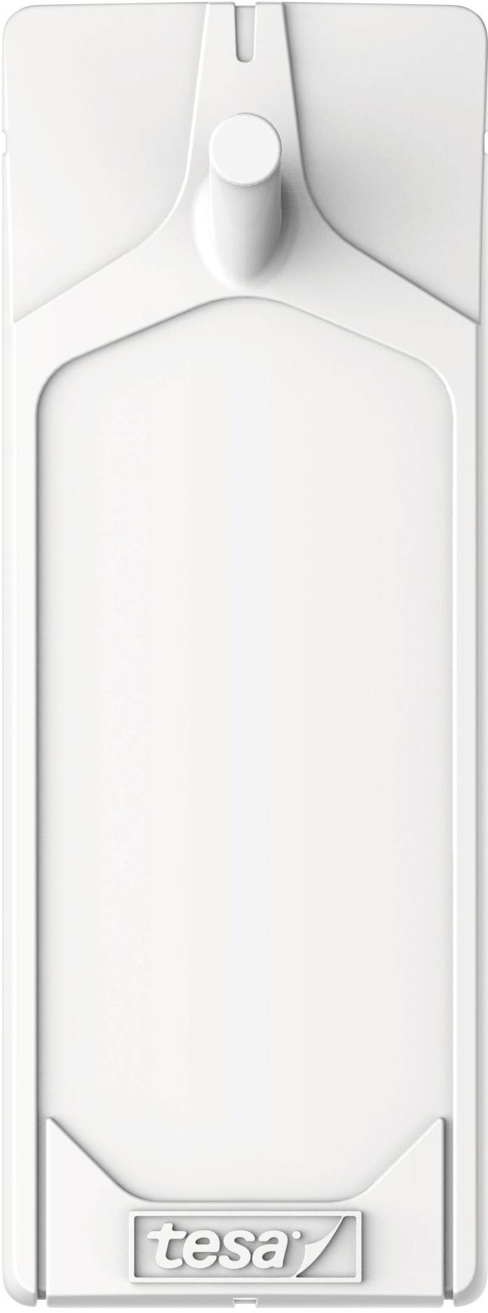 White plastic clip attached to a textured, grey wall surface.