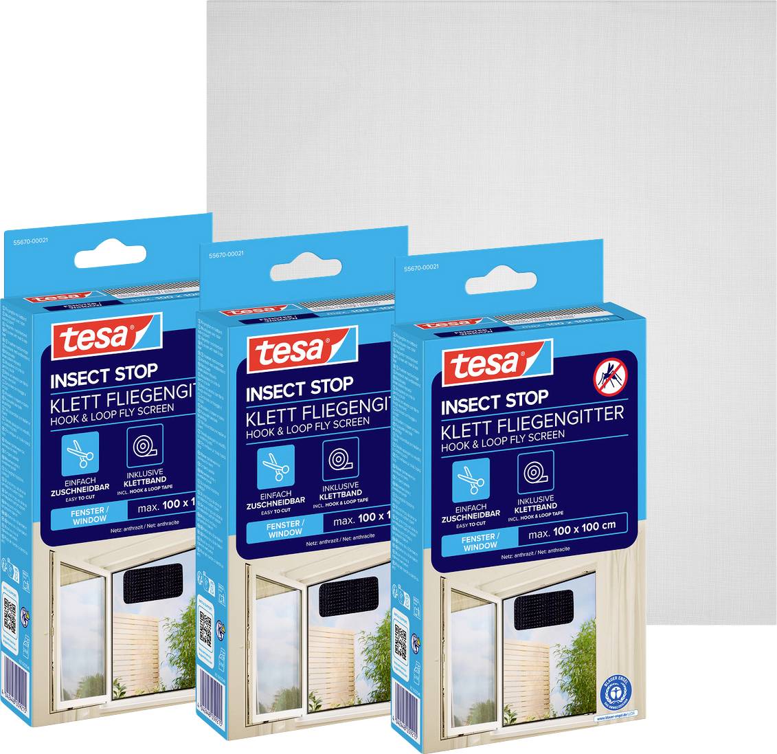 Three tesa Insect Stop hook-and-loop fly screen package boxes displayed in front of a window screen insert image.