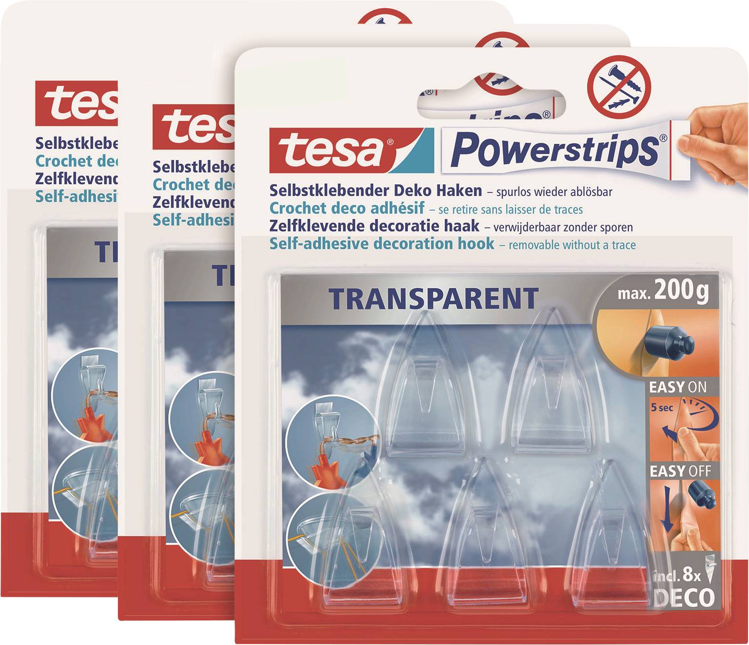 Three packs of 'tesa Powerstrips' self-adhesive transparent hooks, maximum load capacity 200g, easy to attach and remove.