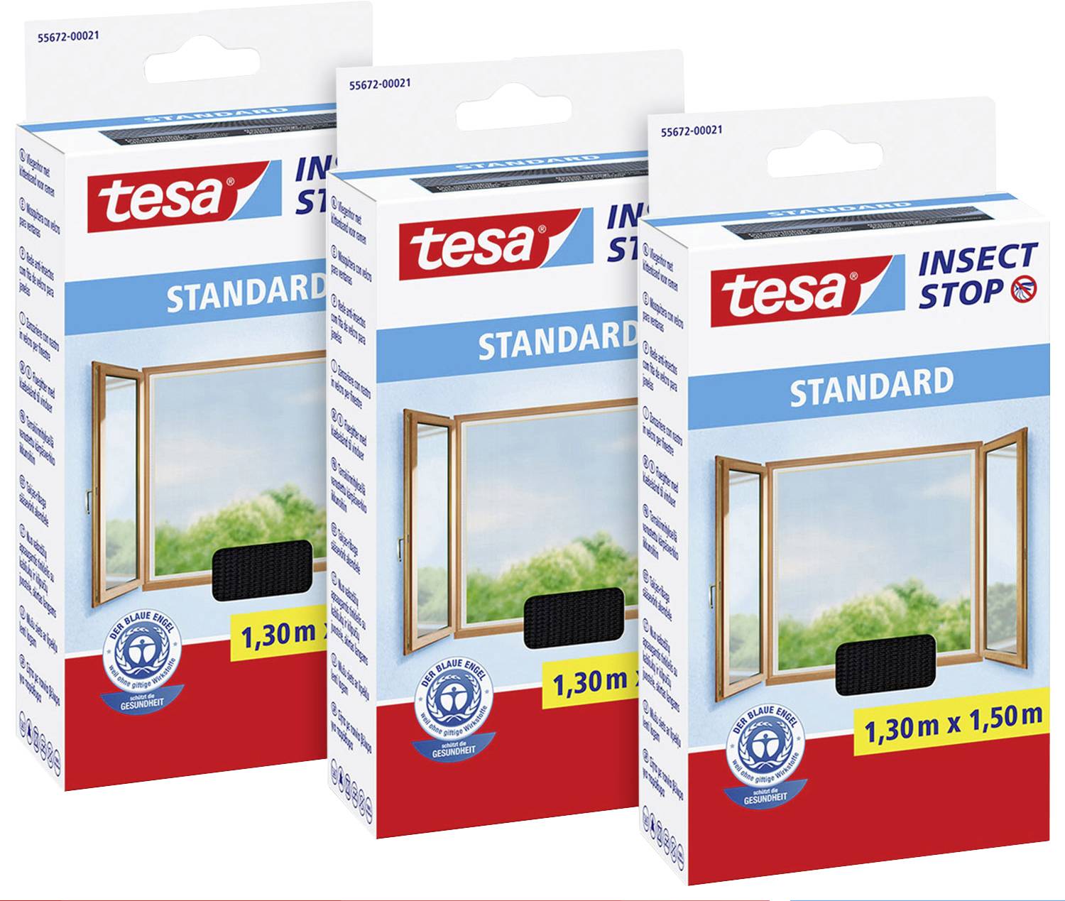 Three packets of insect screens by the brand 'tesa', each for windows measuring 1.30 m x 1.50 m.