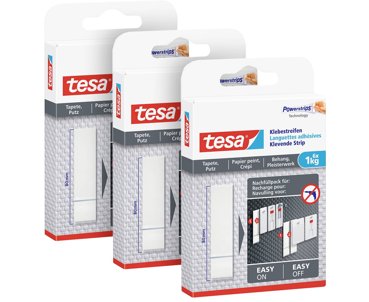 Three rolls of Tesa adhesive strips for wallpaper and plaster, each with 1 kg load-bearing capacity. Packaging displays usage instructions and product image.