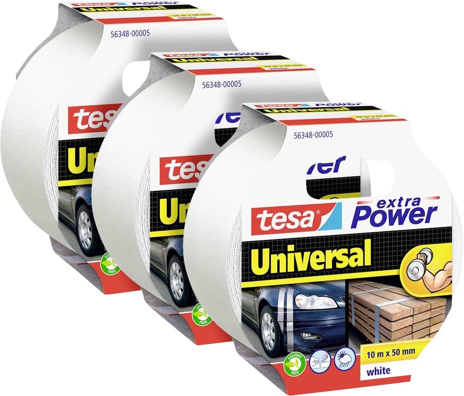 Three rolls of white 'tesa extra Power Universal' tape, labeled for versatility in automotive and masonry applications, 10m x 50mm.
