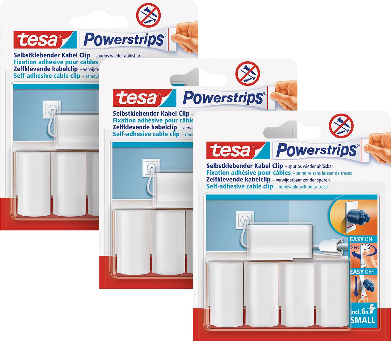 Three packs of self-adhesive cable clips by tesa Powerstrips, easy to attach and removable without leaving residue, small size.