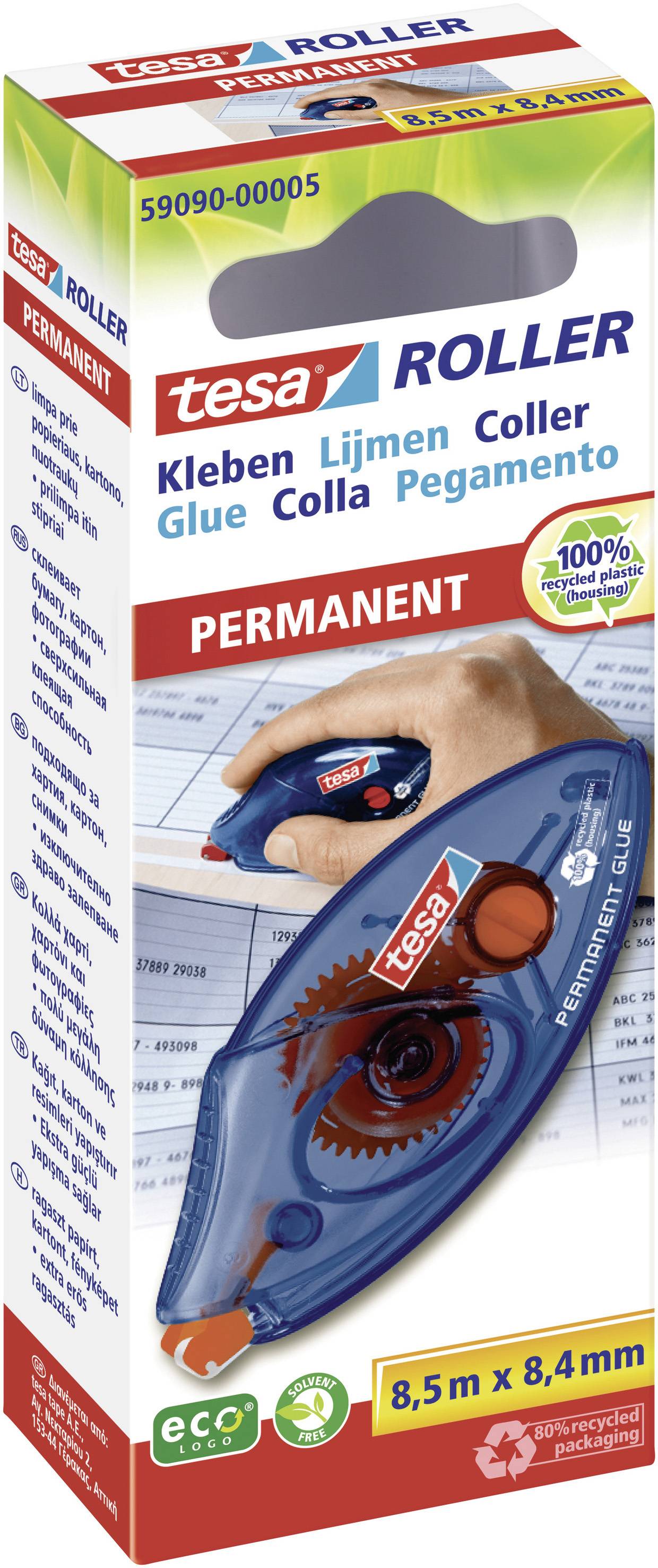 Packaging for a Tesa adhesive roller for permanent glue. Includes product illustration and details of features and dimensions.
