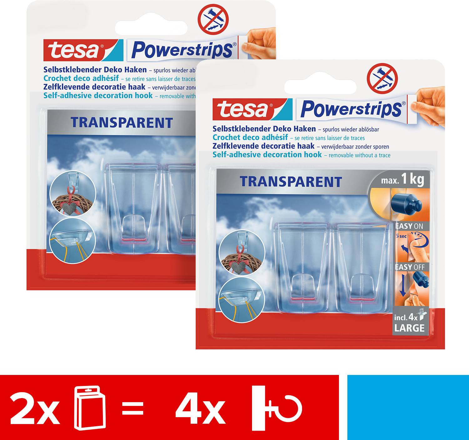 tesa POWERSTRIPS® Large adhesive hooks Transparent Content: 4 pc(s)