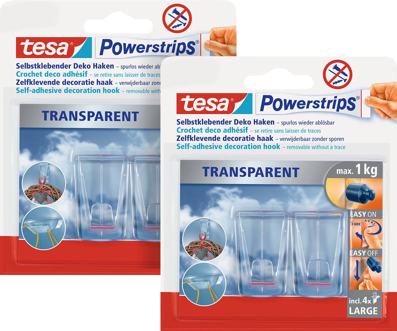 tesa POWERSTRIPS® Large adhesive hooks Transparent Content: 4 pc(s)