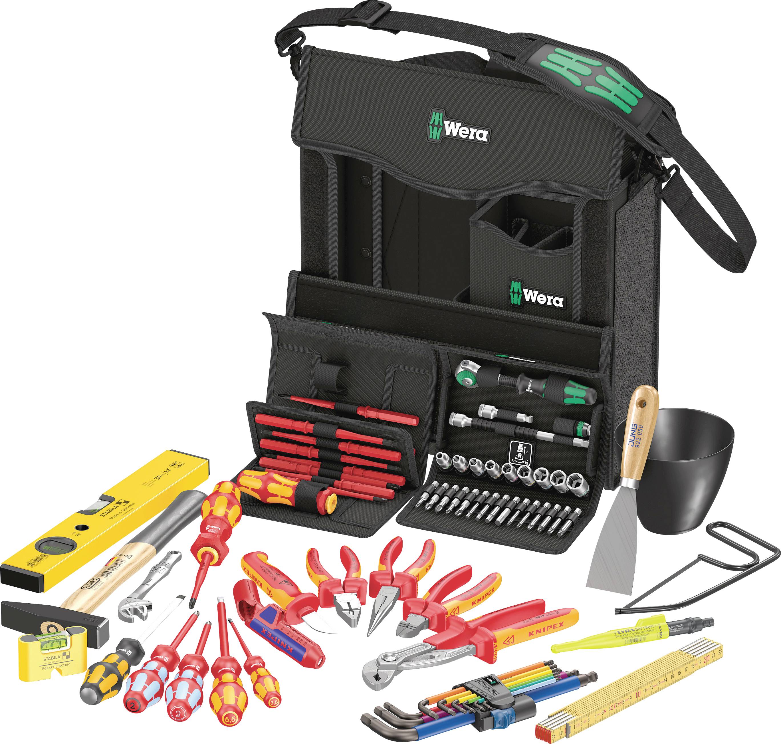 Tool bag with an open front showing various tools, including screwdrivers, pliers, socket wrenches and a spirit level.