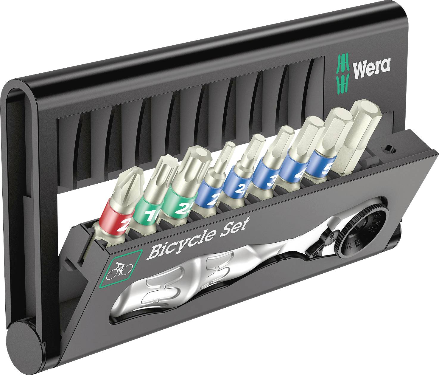 A Wera bicycle tool set with various colour-coded bits and tool holder, optimised for bicycle repairs.