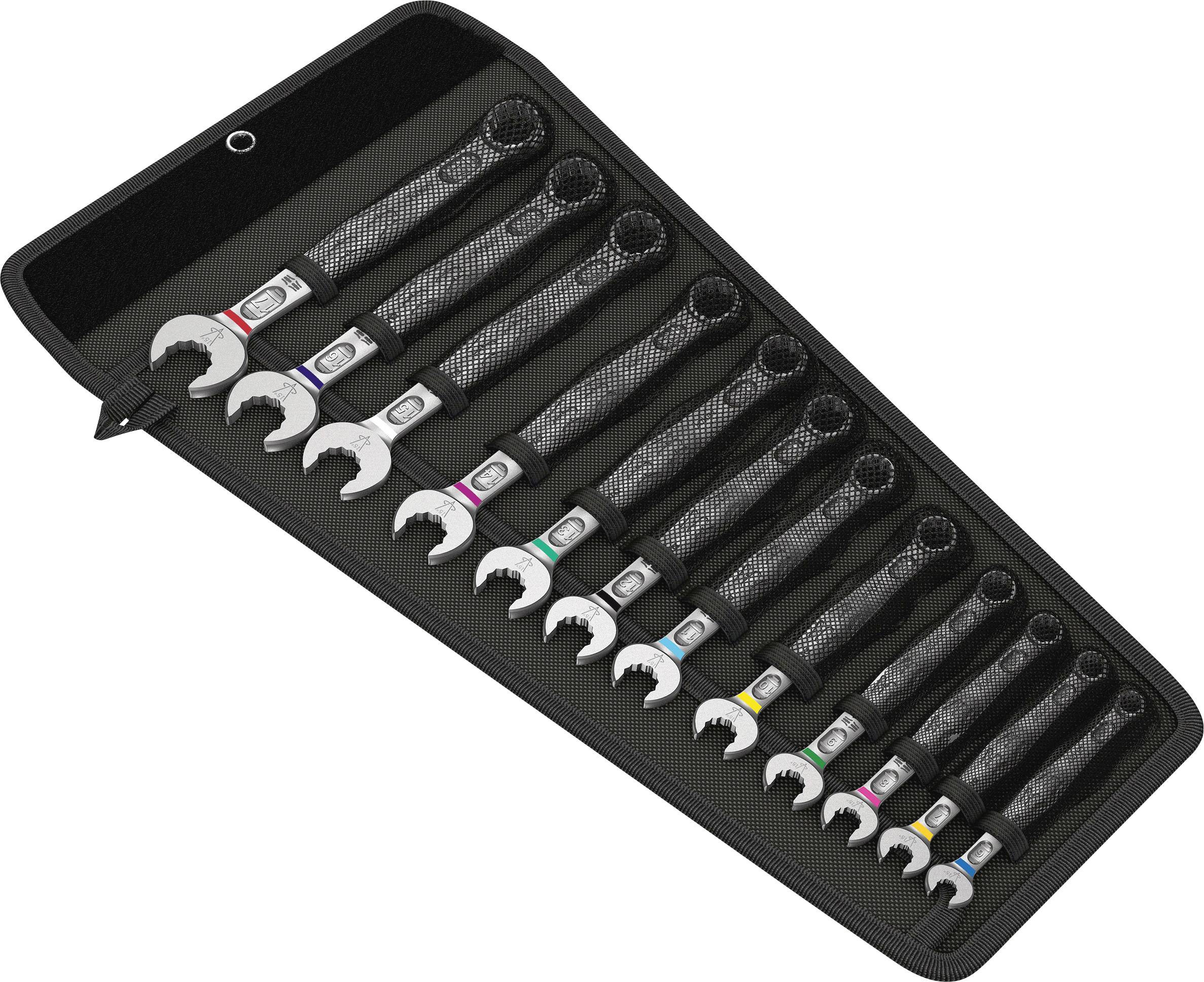 A set of ring spanners in various sizes, arranged in a black carry case, each with a colour coding.