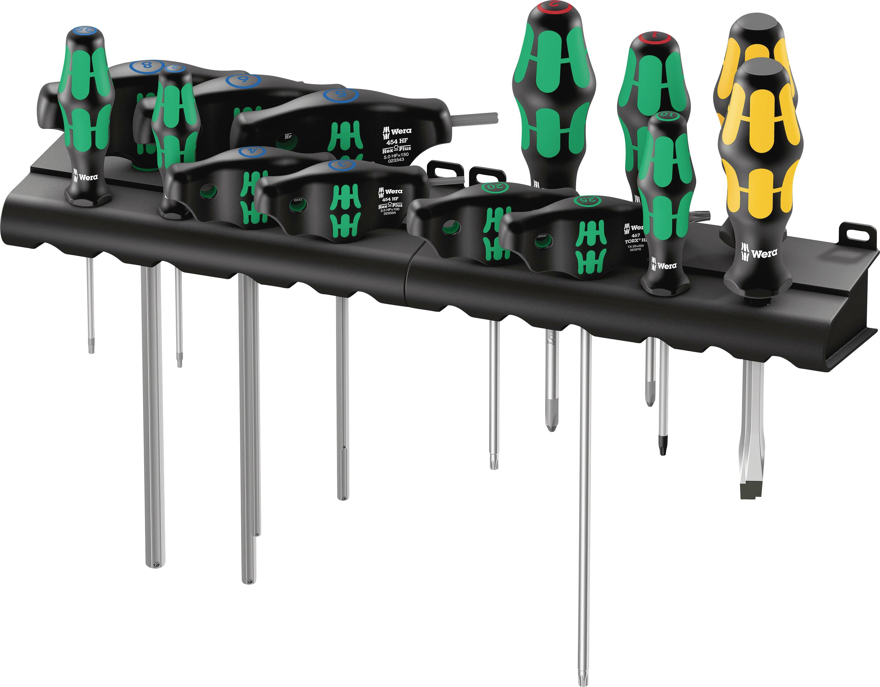 A black screwdriver set with ergonomic handles and various blades arranged in a holder.