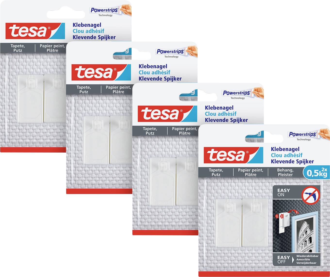 Four Tesa adhesive nails in packaging, suitable for wallpaper and plaster, each with a weight class of 0.5 kg, easily removable.