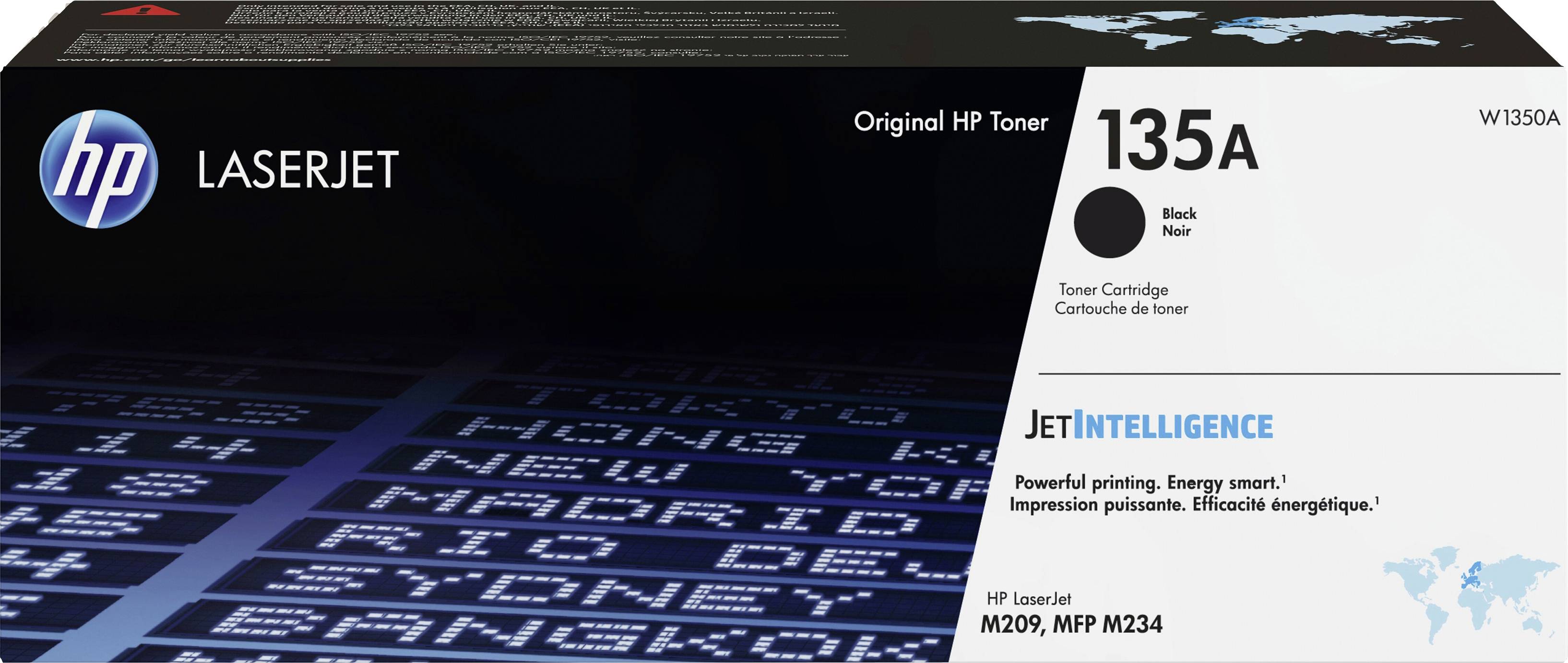 HP LaserJet Toner 135A, Colour Black, with JetIntelligence. Suitable for HP Models M209 and MFP M234. Packaging shows product details.