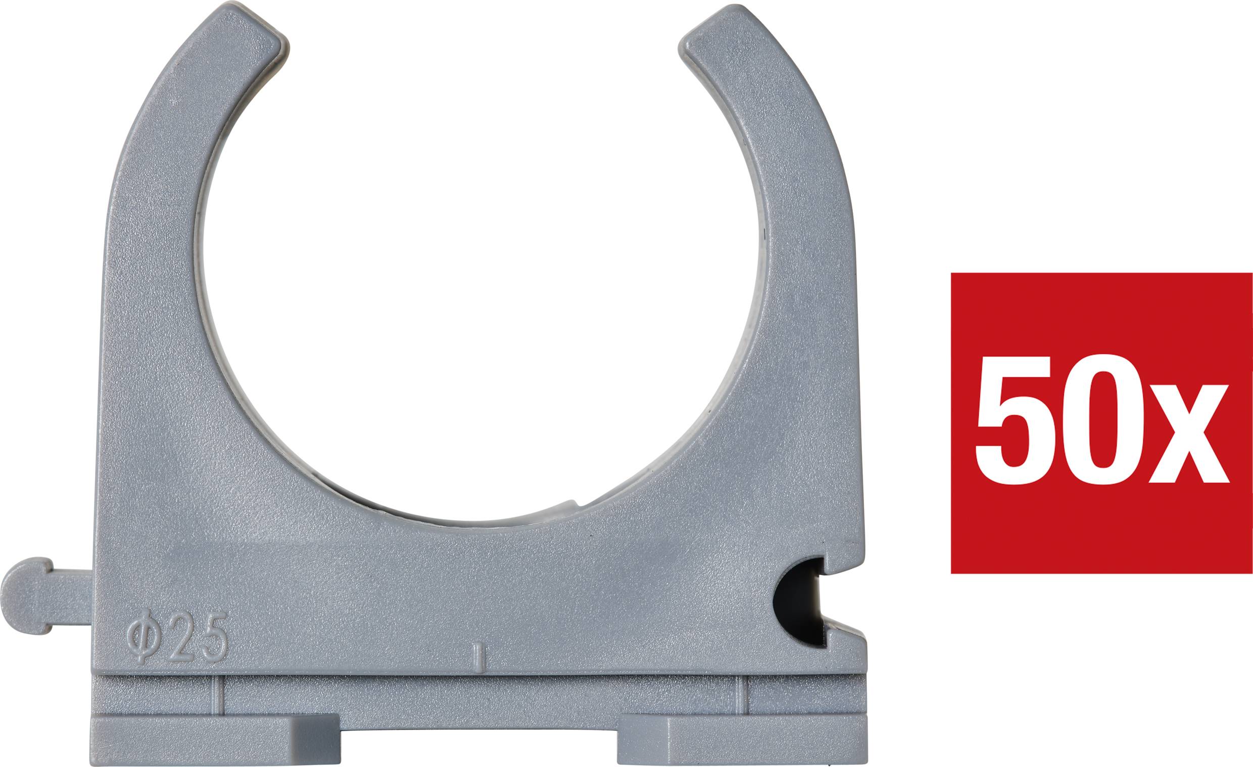 Grey plastic pipe clip for 25 mm pipes, with a red number '50x' beside it, indicating the quantity.